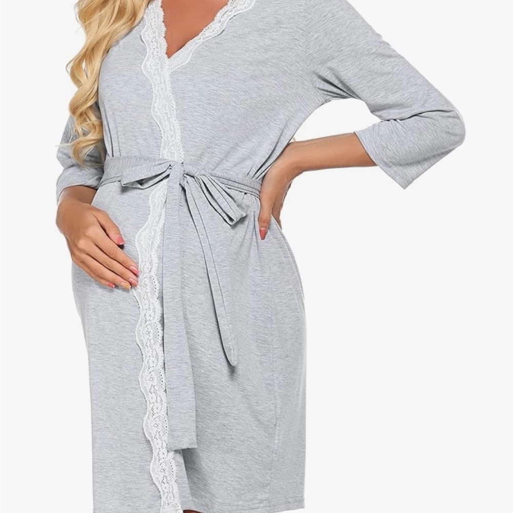 Chic Light Gray Lace Trim Maternity/postpartum Robe